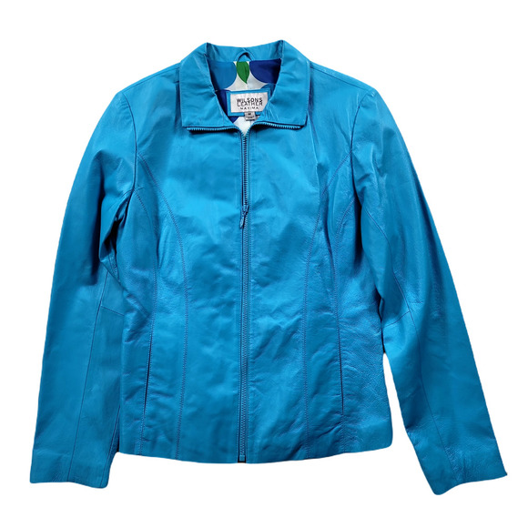 Wilson Maxima Blue Leather Bomber Jacket Womens‎ Medium - Picture 1 of 10